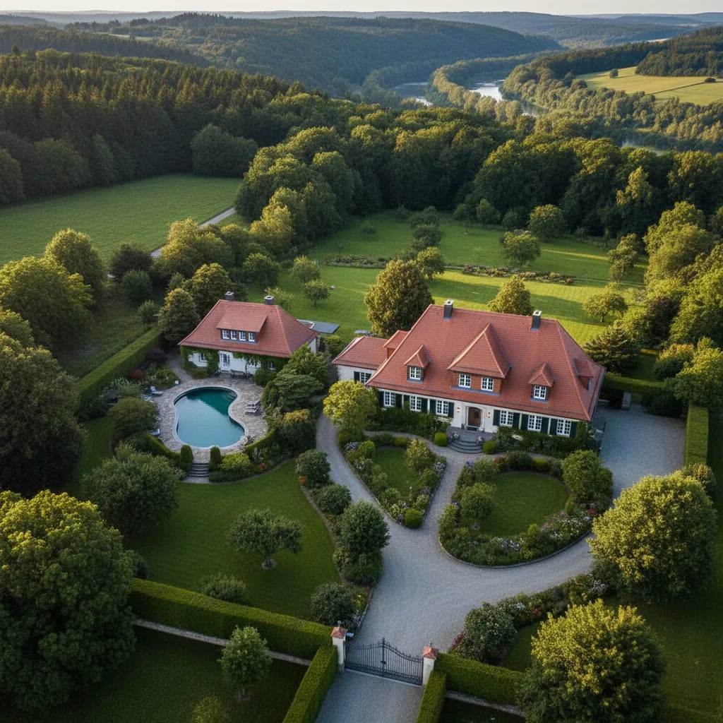 Luftaufnahme eines Einfamilienhauses mit großem Grundstück und Gartenbereich