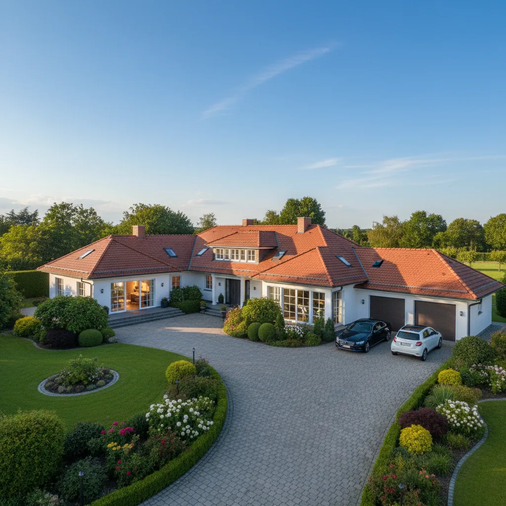 Modernes Einfamilienhaus mit Garten, Luftaufnahme und 3D-Visualisierung