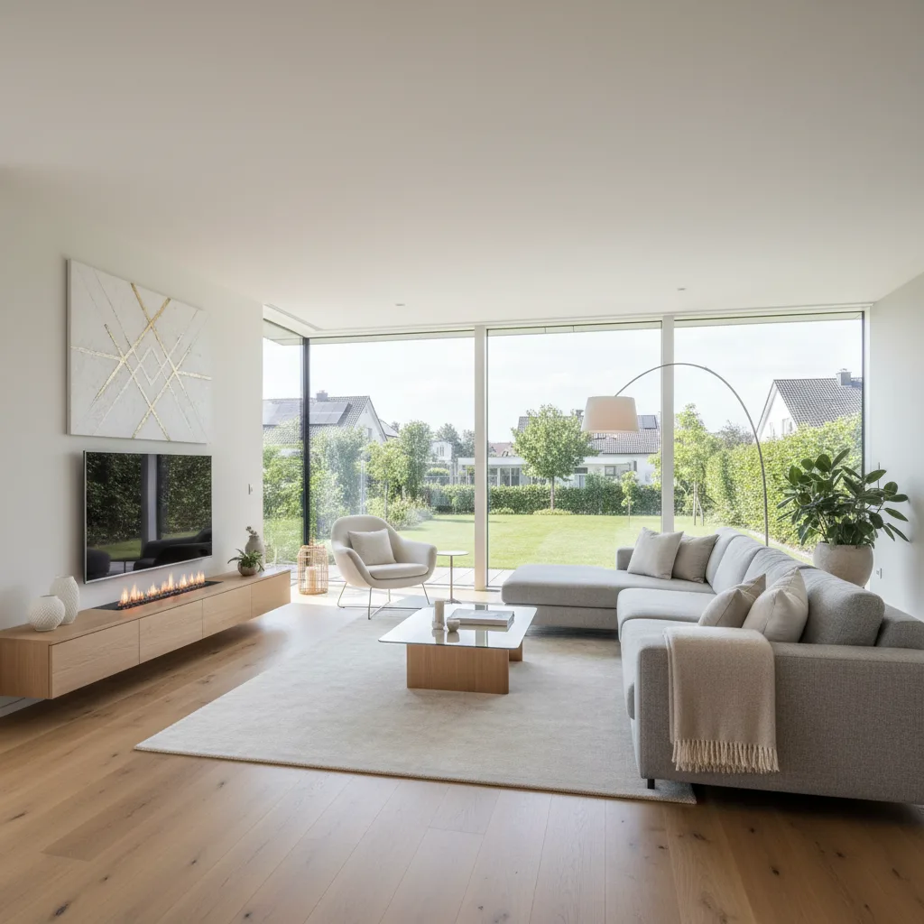 Makler misst Wohnzimmer einer modernen Immobilie mit Zollstock